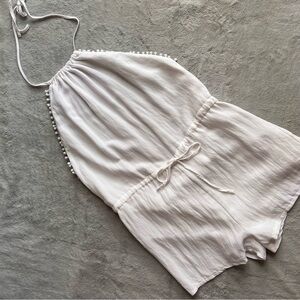 Sabo Skirt Halter Backless Pom Tassel Lightweight Open Back Shorts Romper White